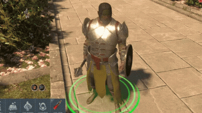 Man In Armor With Shield And Axe On Sidewalk GIF