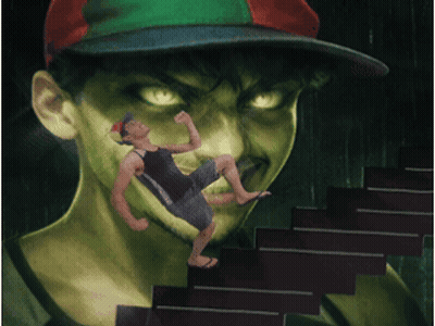 Man In Baseball Cap Falling Down Stairs GIF