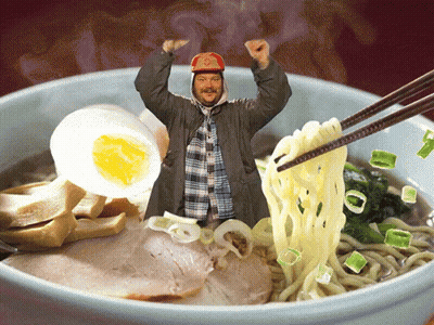 Man In Baseball Cap Holding Chopsticks Over Ramen GIF