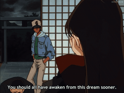 Man In Baseball Cap Next To Woman Saying You Should All Have Awaken From This Dream Sooner GIF