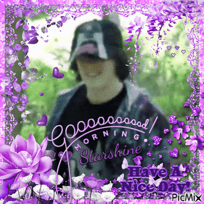 Man In Baseball Cap Surrounded By Purple Flowers And Hearts Saying Good Morning Starshine Have A Nice Day GIF