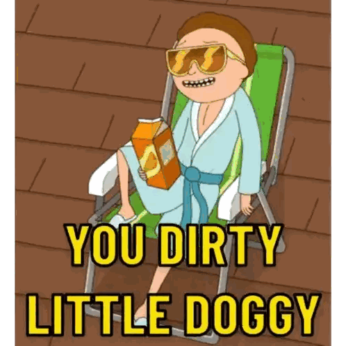 Man In Bathrobe Holding Box Saying You Dirty Little Doggy Sticker