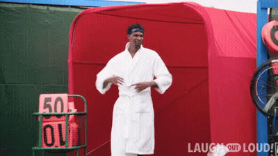 Man In Bathrobe In Front Of Red Tent Number 50 GIF