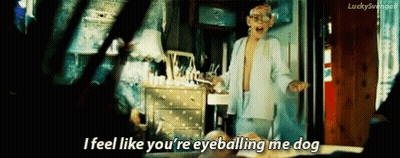 Man In Bathrobe Saying Eyeballing Me Dog GIF