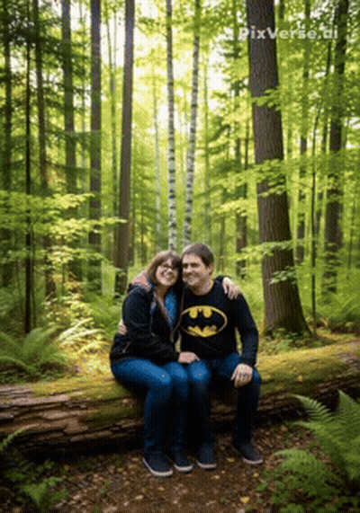 Man In Batman Shirt Sits Next To Woman In Forest GIF