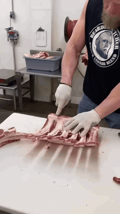 Man In Bearded David Tank Top Cuts Meat GIF