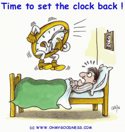 Man In Bed With Clock Saying Time To Set The Clock Back GIF
