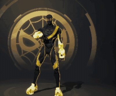 Man in Black and Gold Superhero Suit in Front of Spider Web