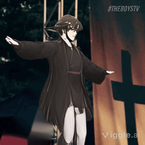 Man In Black Coat Standing Before Cross GIF