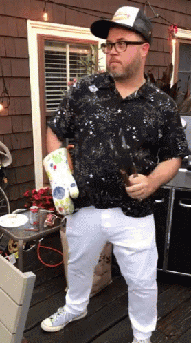 Man In Black Galaxy Shirt Holding Beer GIF