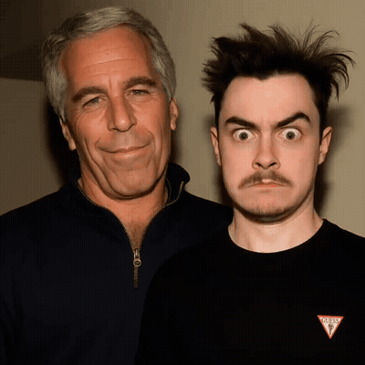 Man In Black Guess Shirt Next To Man With Mustache GIF