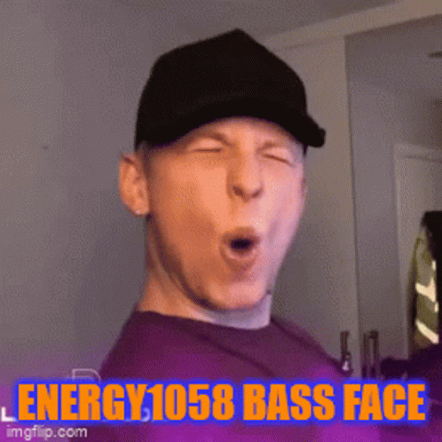 Man in Black Hat and Purple Shirt Making Funny Face Energy 1058 Bass Face