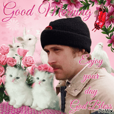 Man In Black Hat Surrounded By Flowers And Kittens GIF