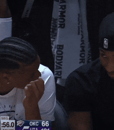 Man In Black Hat With OKC 66 On Screen Behind Him GIF