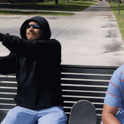 Man In Black Hoodie Sitting On Bench With Skateboard GIF