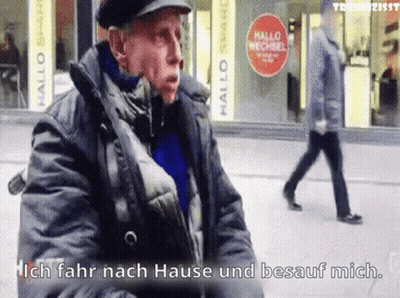 Man In Black Jacket And Hat Says Ich Fahr Nach Hause And Besauf Mich GIF