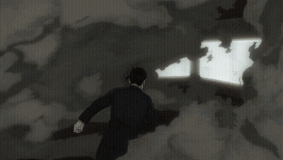 Man In Black Robe Walking Through Smoky Doorway GIF