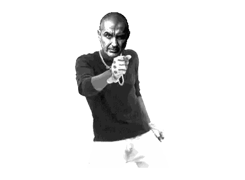 Man In Black Shirt And White Shorts Pointing Sticker