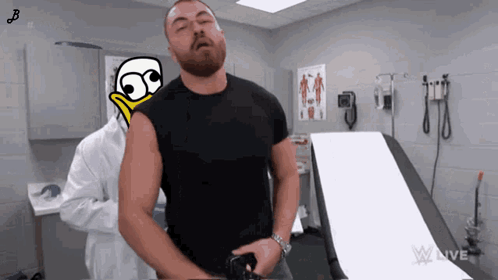 Man In Black Shirt Examined By Doctor With Cartoon Character On Shoulder GIF