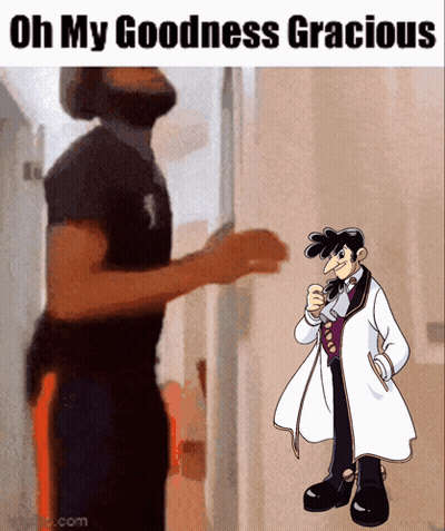 Man In Black Shirt Next To Cartoon Saying Oh My Goodness Gracious GIF