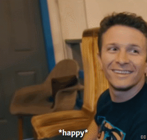 Man In Black Shirt Smiling With Word Happy GIF
