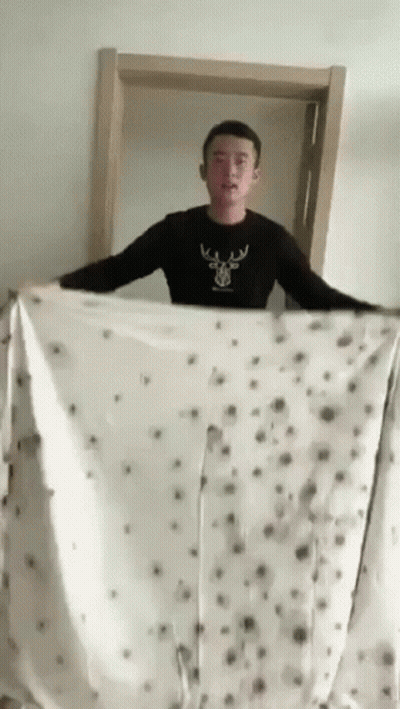 Man In Black Shirt With Deer Holding Blanket GIF