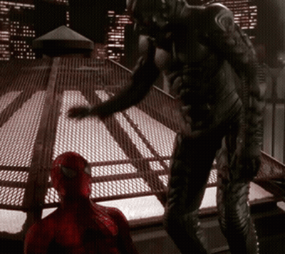Man In Black Suit Next To Spider Man In Red Suit GIF