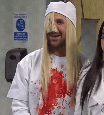 Man In Bloody Shirt In Front Of Please Use Hand Sanitizer Sign GIF