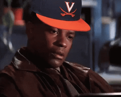 Man In Blue And Orange Hat With Letter V GIF
