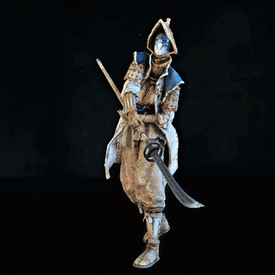 Man In Blue And White Outfit Holding Sword And Shield GIF