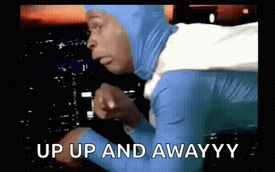 Man In Blue And White Superhero Costume Pointing Up Up And Awayyy GIF