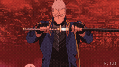 Man In Blue Coat Holding Sword With Netflix Logo GIF