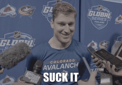 Man In Blue Colorado Avalanche Shirt Being Interviewed GIF