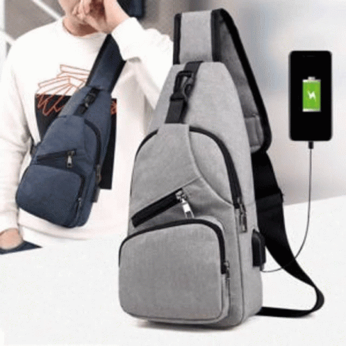 Man In Blue Gray Sling Bag With Phone GIF