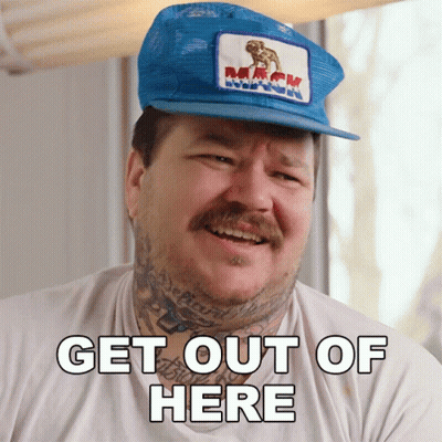 Man In Blue Hat And White Shirt Says Get Out Of Here GIF