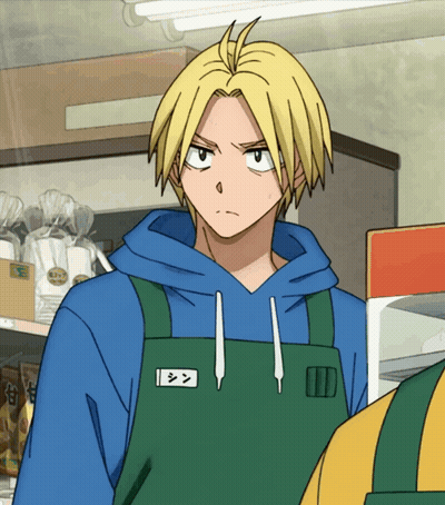 Man In Blue Hoodie And Green Apron Labeled シン GIF