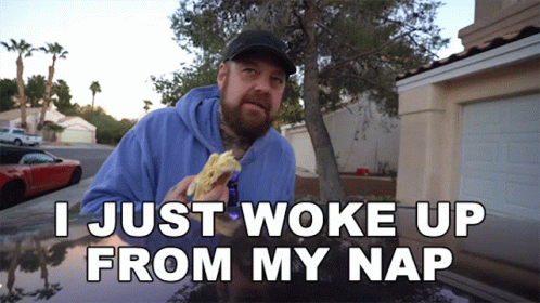 Man In Blue Hoodie Eating Sandwich Saying I Just Woke Up From My Nap GIF