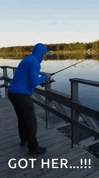 Man In Blue Hoodie Fishing With Got Her GIF
