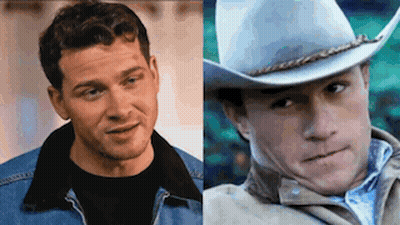 Man In Blue Jacket And Man In Cowboy Hat GIF
