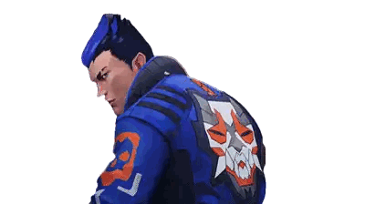 Man In Blue Jacket Holding Gun With R Sticker