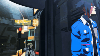 Man In Blue Jacket In Front Of Samurai Sign GIF