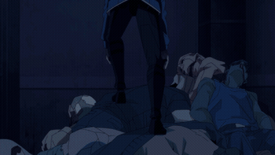 Man In Blue Jacket Over People Laying On Ground GIF