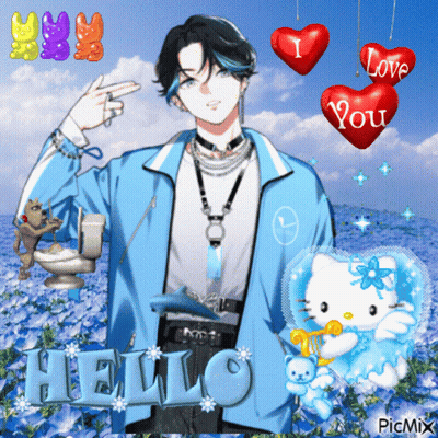 Man In Blue Jacket Surrounded By Hello Kitty And Gummy Bears GIF