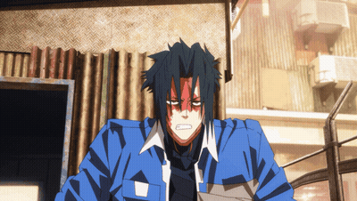 Man In Blue Jacket With Red Face Painted On Forehead GIF