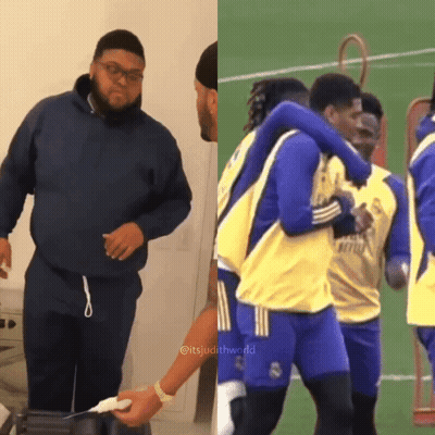Man In Blue Jacket With Soccer Players In Yellow And Blue GIF