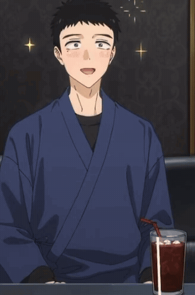 Man In Blue Kimono With Iced Tea GIF