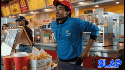 Man In Blue McDonald's Sweatshirt At Counter GIF