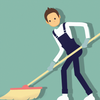 Man In Blue Overalls Holding Mop GIF