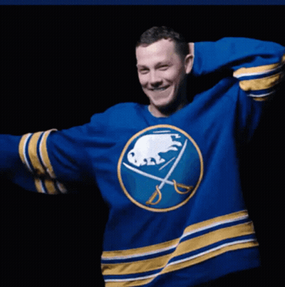 Man In Blue Sabres Jersey Smiling GIF