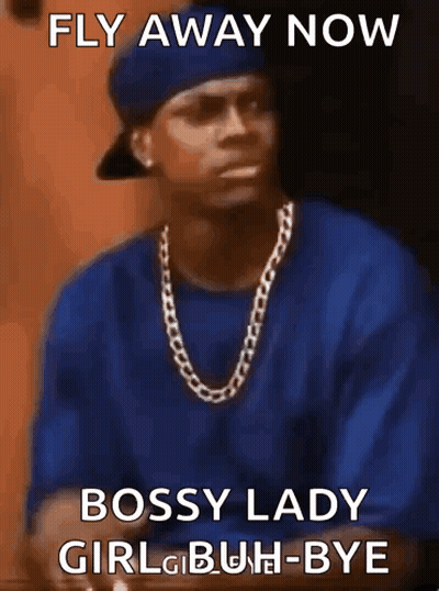 Man In Blue Shirt And Hat Saying Fly Away Now Bossy Lady Girl Guh-Bye GIF